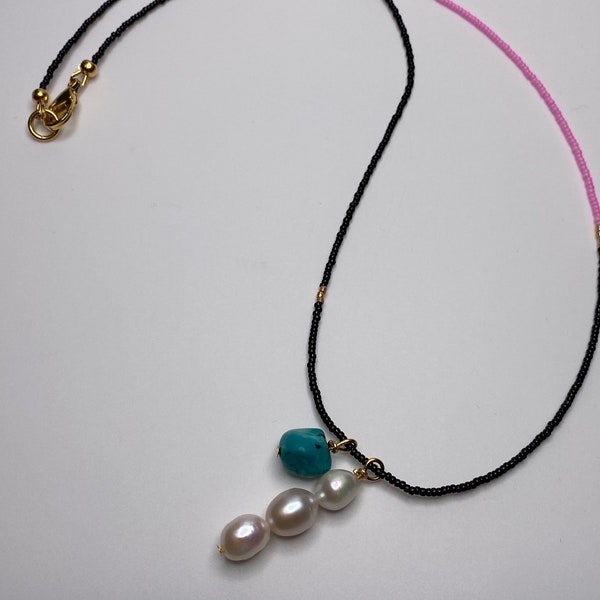 hot pink / black seed bead necklace with turquoise & pearl charms / dainty necklace / gold vermeil clasps