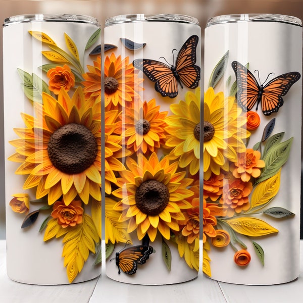 3D Sunflowers & Butterflies Art,  Instant Digital Download PNG, 20 oz and 30 oz Skinny Tumbler Wrap Sublimation Design, Straight and Tapered