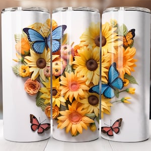 3D Heart-shaped Sunflowers Art, Instant Digital Download Only PNG, 20 oz & 30 oz Skinny Tumbler Wrap Straight and Tapered Sublimation Design