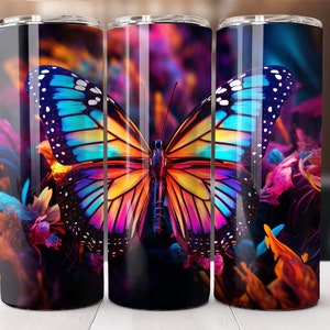 3D Neon Butterfly, 20oz Skinny Straight Tumbler Wrap, and Print to size as needed, 300dpi JPG SVG PNG, Instant Digital Download Only