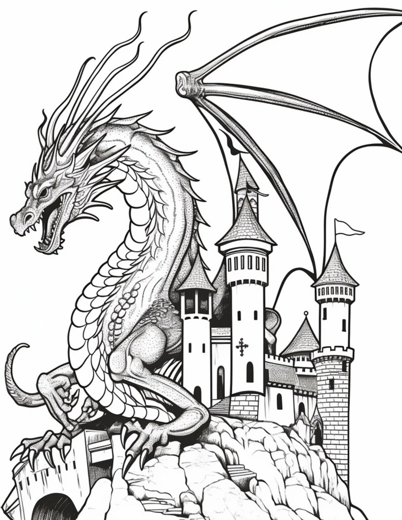 Magical Dragon Coloring Book: Printable Grayscale Coloring Pages for ...