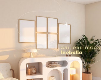 Gallery Wall Mockup, Boho Interior, Vertical Wood Frames, DIN A Print Mockup, Wall Art PSD Poster Template, Nordic Trendy Modern Interior