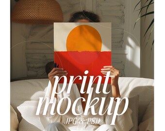 Square Art Mockup With Person, Boho 1:1 Poster Mockup, PSD Artwork Template, Woman on Sofa Scene, Rustic Mediterranean Chic Interior