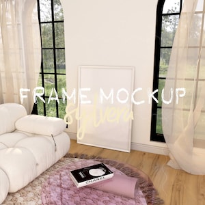 Poster Mockup im Scandi Interieur, schickes Kunstwerk, Rahmen, Kunstdruck Vitrine, PSD DIN A Template im Wohnzimmer, Vogue Pink Coquette Room