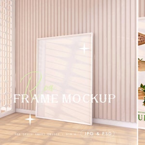 Maquette de cadre d'affiche sur mur rose, jolie maquette d'intérieur pastel nordique, modèle d'oeuvre d'art DIN A ISO, impression d'art minimal PSD Photopea Display