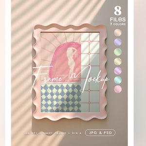 Wavy Frame Mockup, Squiggle Print Mock up, Colorful Pink Poster Editable 5x7 Frame, Smart PSD Mockup, Irregular Frame, Danish Pastel Wall