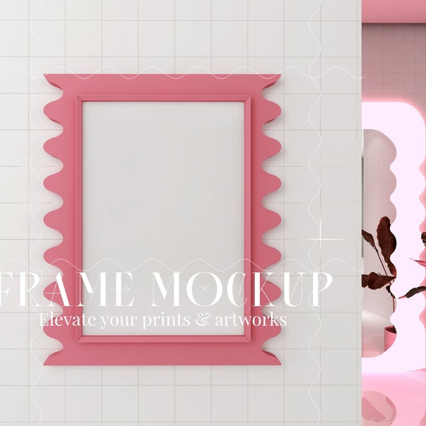 Wavy Frame Mockup, DIN A PSD Colorful Digital Poster Print Mockup, Pink Wall Art Template, Irregular Frame with Mirror, Modern Interior