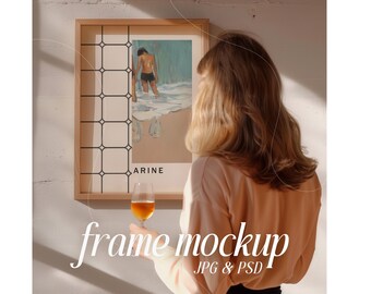 Frame Mockup With Person, Retro DIN A Art Print Vertical Mock Up with Woman, Vintage PSD Photopea Poster Template, Natural Light and Shadows