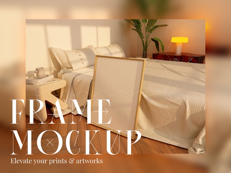 May include: A white frame mockup on a wooden floor in a bedroom setting. The frame is leaning against a bed with white bedding and a bedside table with a cup and books. The text "FRAME MOCKUP" is displayed below the frame, and the text "Elevate your prints & artworks" is displayed below the text "FRAME MOCKUP".