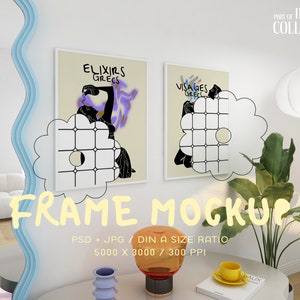 Doppelter Kunstwerkrahmen Mockup im Verspielten Interieur, Zwei Einzigartige Poster Mockup, Eclectic Art Display, PSD DIN A Template, Dänisches Pastell Dekor