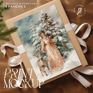 Maqueta para póster navideño, plantilla artística de primer plano, plantilla plana DIN A PSD, imagen festiva en caja de regalo vintage con lazo, vista aérea