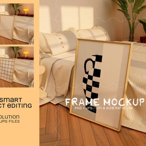 May include: A wooden frame mockup with a black and white checkered design on a white background. The frame is sitting on a bed with a white and beige striped blanket. The text "FRAME MOCKUP" is visible in the bottom right corner of the image.