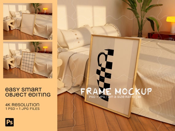 Frame Mockup, DIN A Print Poster Mockup in Bedroom, Vertical Wall Art Mock-up, PSD Editable Art Display, Natural Golden Hour Light