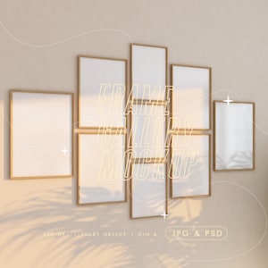 Gallery Wall Mockup Set, 9 DIN A Vertical Wood Frames, Minimalist Poster Print Wall Art Mockup, Boho Interior, Digital PSD Photopea Template