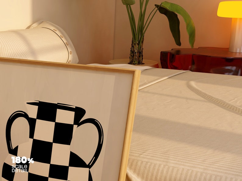 May include: A framed black and white illustration of a vase with a checkered pattern. The frame is made of wood and has a light brown finish. The illustration is on a white background.