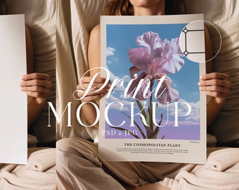 Poster Mockup: Woman Holding Art Print Paper Page, ISO (PSD & JPG)