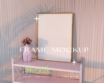 Coquette Poster Mockup, Pink Interior Frame Mockup, Eclectic Painting Mockup, DIN A PSD Art Template, Preppy Y2K Interior Wall Art Display