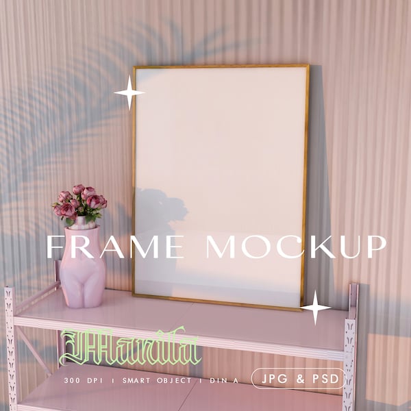 Wood Frame Mockup, Pink Vertical Poster DIN A Print, Flowers Vase, Trendy Colorful Wall Art, PSD Photoshop Photopea, Preppy Y2K Interior