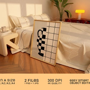 May include: A black and white checkered vase with a geometric pattern is framed and displayed in a modern bedroom setting. The vase is on a beige background with a checkered pattern. The image is a digital download and includes a PSD and JPG file.