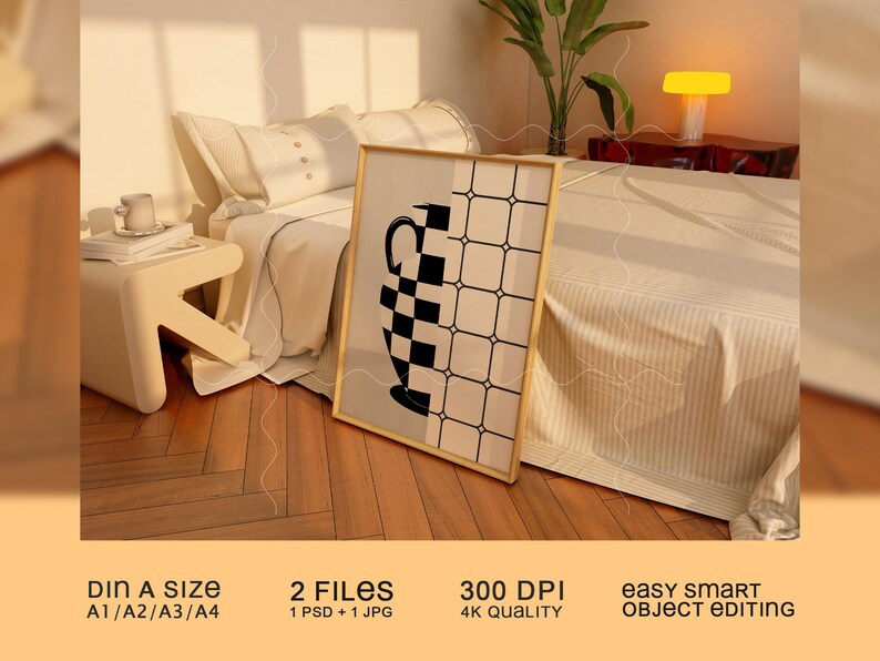 May include: A black and white checkered vase with a geometric pattern is framed and displayed in a modern bedroom setting. The vase is on a beige background with a checkered pattern. The image is a digital download and includes a PSD and JPG file.