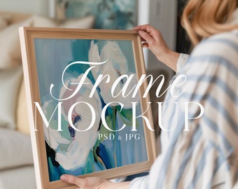 Square Artwork Mockup: Vintage Coastal Painting, Wooden Frame (PSD & JPG)