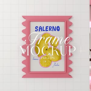 Maqueta de marco ondulado, maqueta de ilustración con garabatos, póster rosa colorido editable con marco de 5x7, maqueta PSD inteligente, marco irregular, pared danesa en tonos pastel