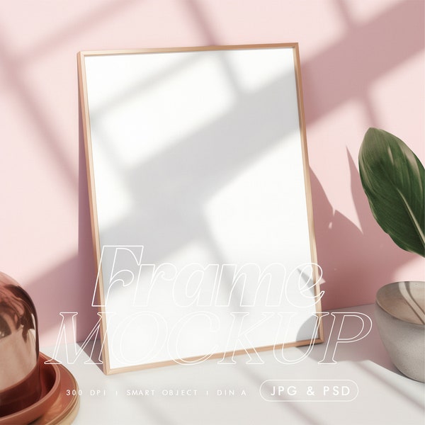 Frame Poster Mockup, PSD Pink Preppy DIN A Art Print Mockup, Trendy Vertical Modern Wall Art, Aesthetically Pleasing Natural Light & Shadows