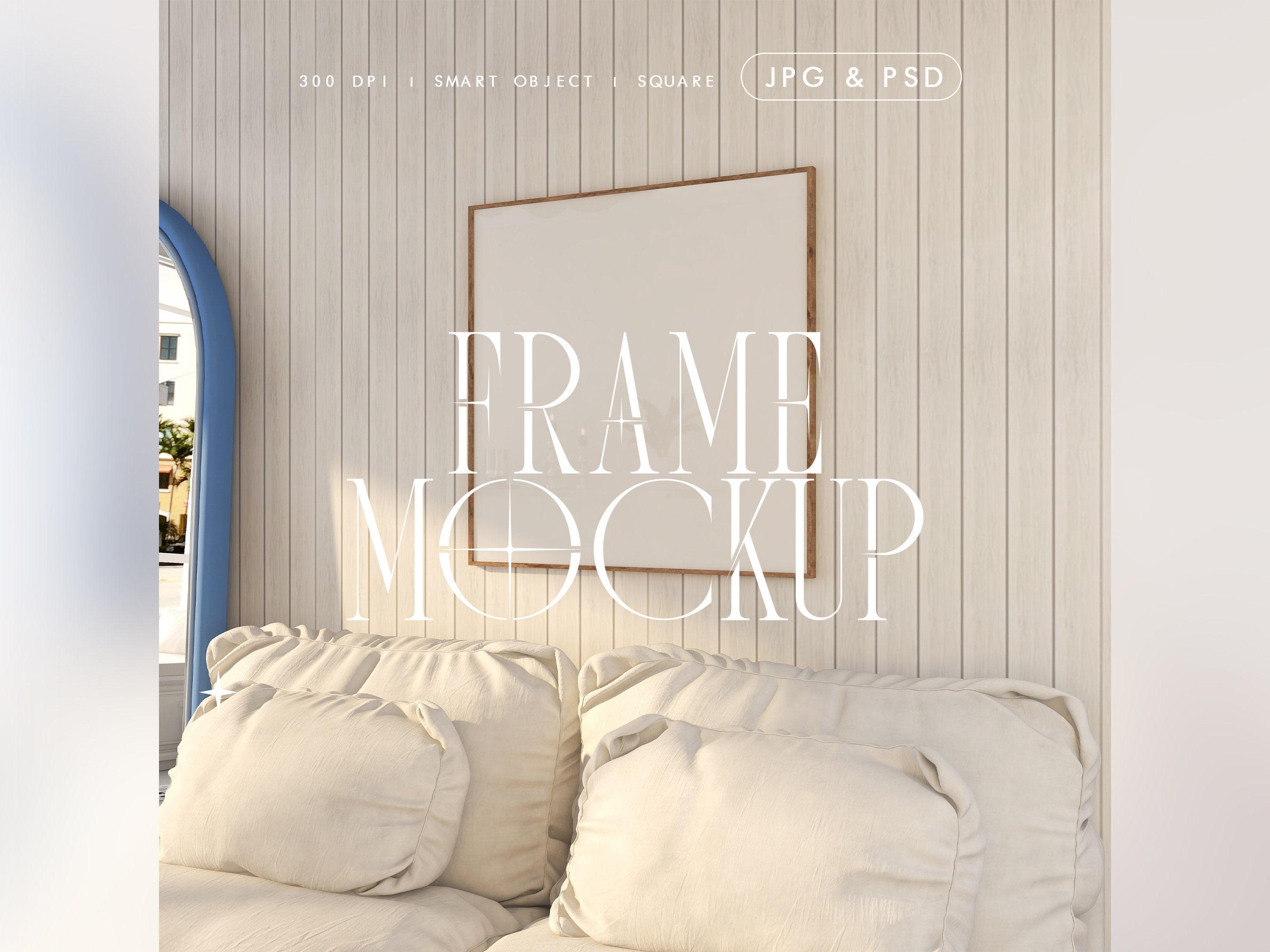 Coastal Square Frame Mockup, Nautical 1x1 PSD Wall Art Template, Beachouse Interior, Minimal Cottage Country Decor, Natural Light & Shadows
