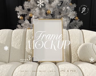Frame Mockup, Christmas Tree, Festive Print Poster Mock up, Wall Art Mockup for Winter Holidays, Vertical DIN A Mockup, Smart Object PSD