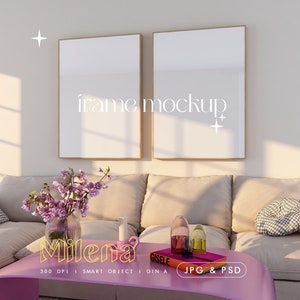 Doppel Poster Mockup mit 2 Holzrahmen, Maximalist Bild Mockup, PSD DIN A Kunstwerk, Nordische Innenwand Kunst Rosa