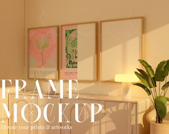 Triple Posters Mockup, 3 Three DIN A PSD Vertical Wood Frames Mockup, Natural Light Interior Print Mockup, Minimalist Wall Art Display