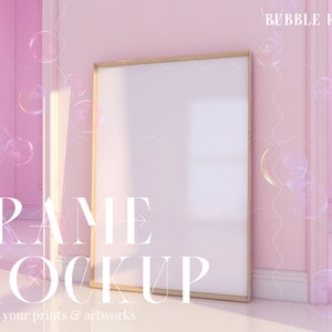 Maqueta de marco en habitación rosa, póster con impresión DIN A, marco de madera vertical, arte de pared colorido para guardería, PSD editable, habitación infantil moderna y a la moda