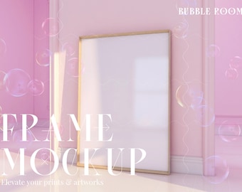 Frame Mockup in Pink Room, DIN A Print Poster Vertical Wood Frame, Nursery Colorful Wall Art, Editable PSD, Modern Trendy Kids Room