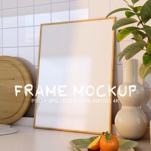 Kitchen Artwork Mockup in Kitchen with Wood Frame, Boho Poster Mockup on Countertop, PSD DIN A Template, Digital Rustic A3 Picture Mockup