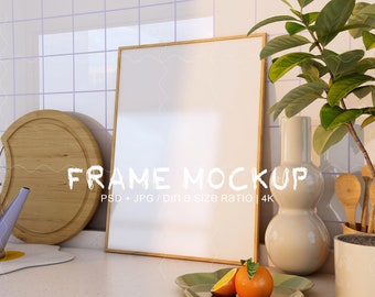 Kitchen Artwork Mockup in Kitchen with Wood Frame, Boho Poster Mockup on Countertop, PSD DIN A Template, Digital Rustic A3 Picture Mockup