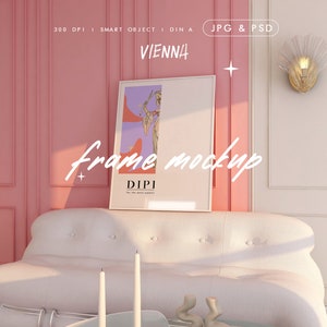 May include: A white sofa with a framed picture hanging above it. The picture frame is white and the picture is of a woman in a purple dress. The sofa is in a room with pink walls and white trim. The text "frame mockup" is written in white on the wall.