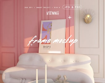 Coquette Poster Mockup, Chic Frame Mockup in Elegant Pink Interior, Vertical Wall Art Template, DIN A PSD Rococo Girly Nordic Interior