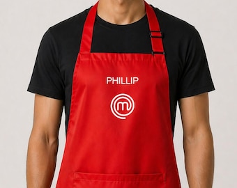 Custom Master Chef Apron with White Text | Lightweight Polyester in Blue, Red, Navy