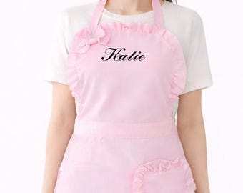 Personalized Pink Ruffle Apron with Custom Embroidery | 100% Polyester Baby Pink Lightweight Bridesmaid Gift