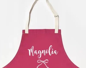 Personalized Name and Coquette Bow Apron – Handmade in Toronto | Pink, Khaki - Adjustable Neck | Kitchen Apron and Gift