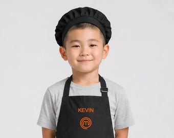Custom Master Chef Kids Chef Apron with Chef Hat | Personalized Gift | Black