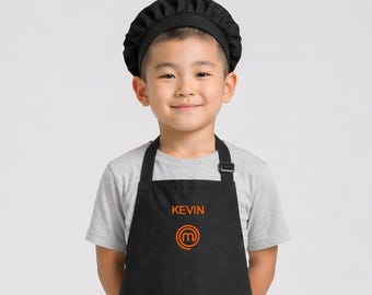Custom Master Chef Kids Chef Apron with Chef Hat | Personalized Gift | Black