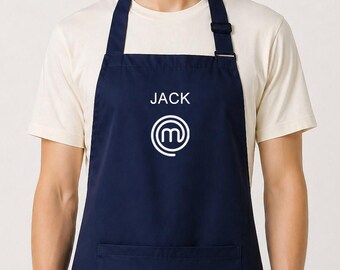 Custom Master Chef Apron with White Text | Lightweight Polyester in Blue, Red, Navy