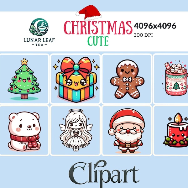 Cute Christmas Clipart - 16 PNG - Christmas Angel penguin bell, gift box, tree, Santa Claus, gingerbread, Transparent Background
