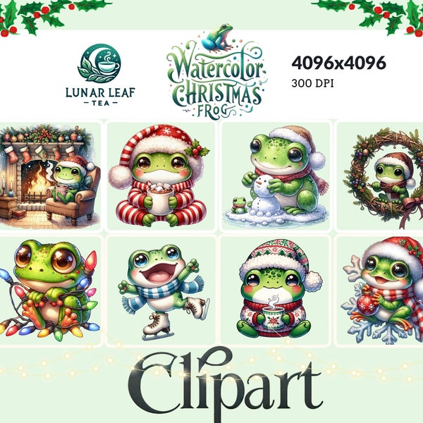 Watercolor Christmas Frogs, 17 Watercolor Clipart, Cute Frogs, Transparent Background,Nursery Decor, Commercial Use