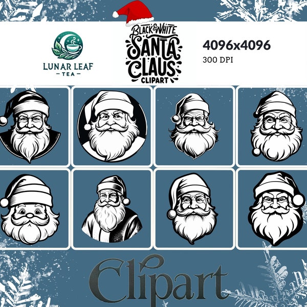 Black and White Santa Claus, Christmas Hand-Stamped Clipart style, 50 PNG, decors, Unique Designs, Commercial Use