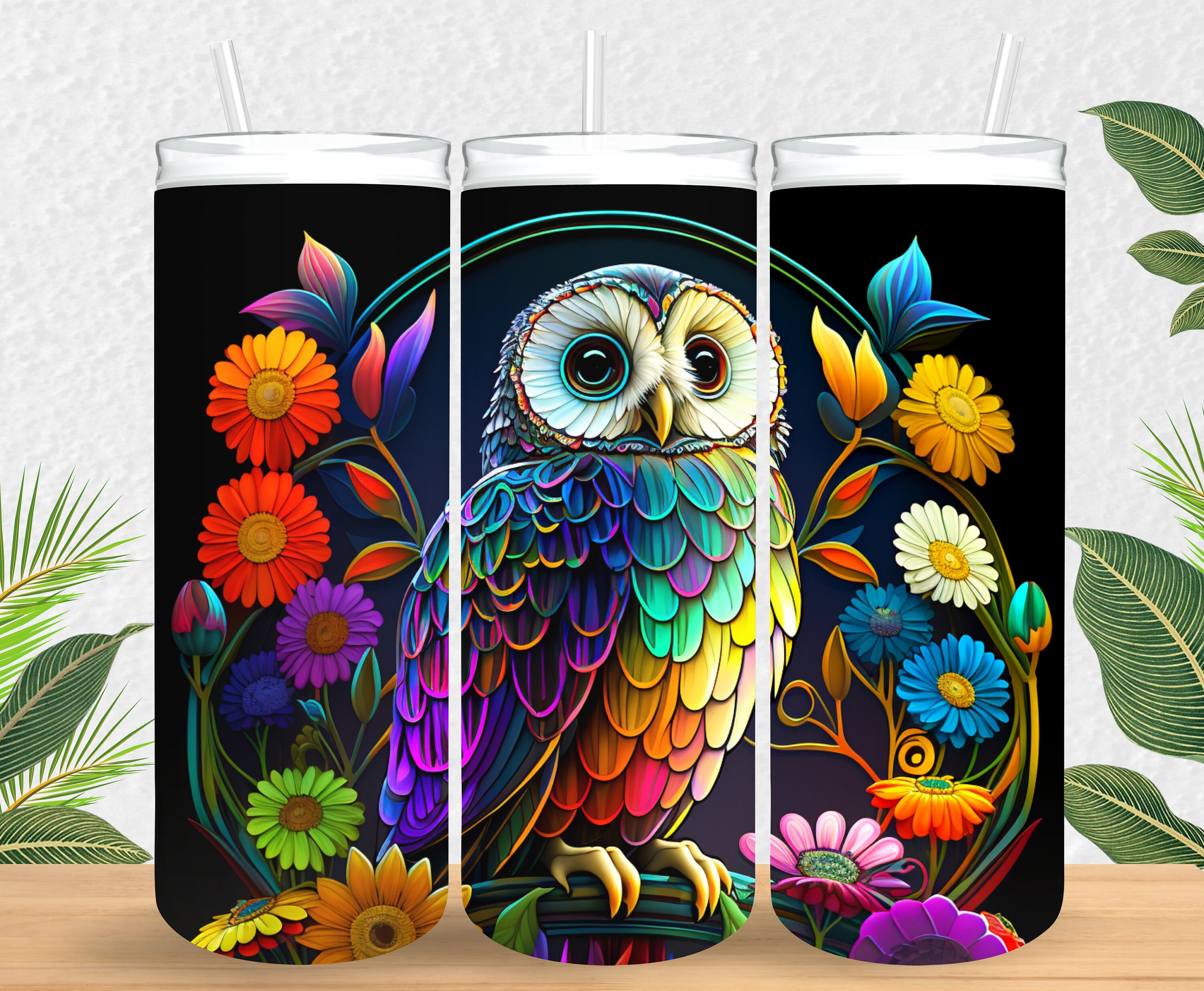 Colorful Owl Flowers Stained Glass 20 oz Skinny Tumbler Sublimation Design, Straight & Tapered T