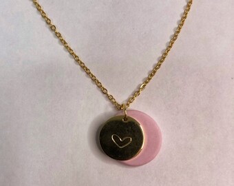 Claire in Pink | Polymer Clay Necklace, Engraved Heart, Handmade Jewelry, Delicate Feminine Jewellery