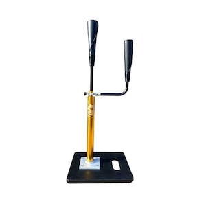 May include: A gold baseball batting tee with two black adjustable arms. The tee has a black base and the text "F5" is printed on the gold pole.