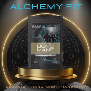May include: Black supplement pouch with the text "ALCHEMY FIT" and "LION'S MANE". The pouch is on a gold platform with a dark background. The text "60 MAXIMUM STRENGTH CAPSULES" is also visible.